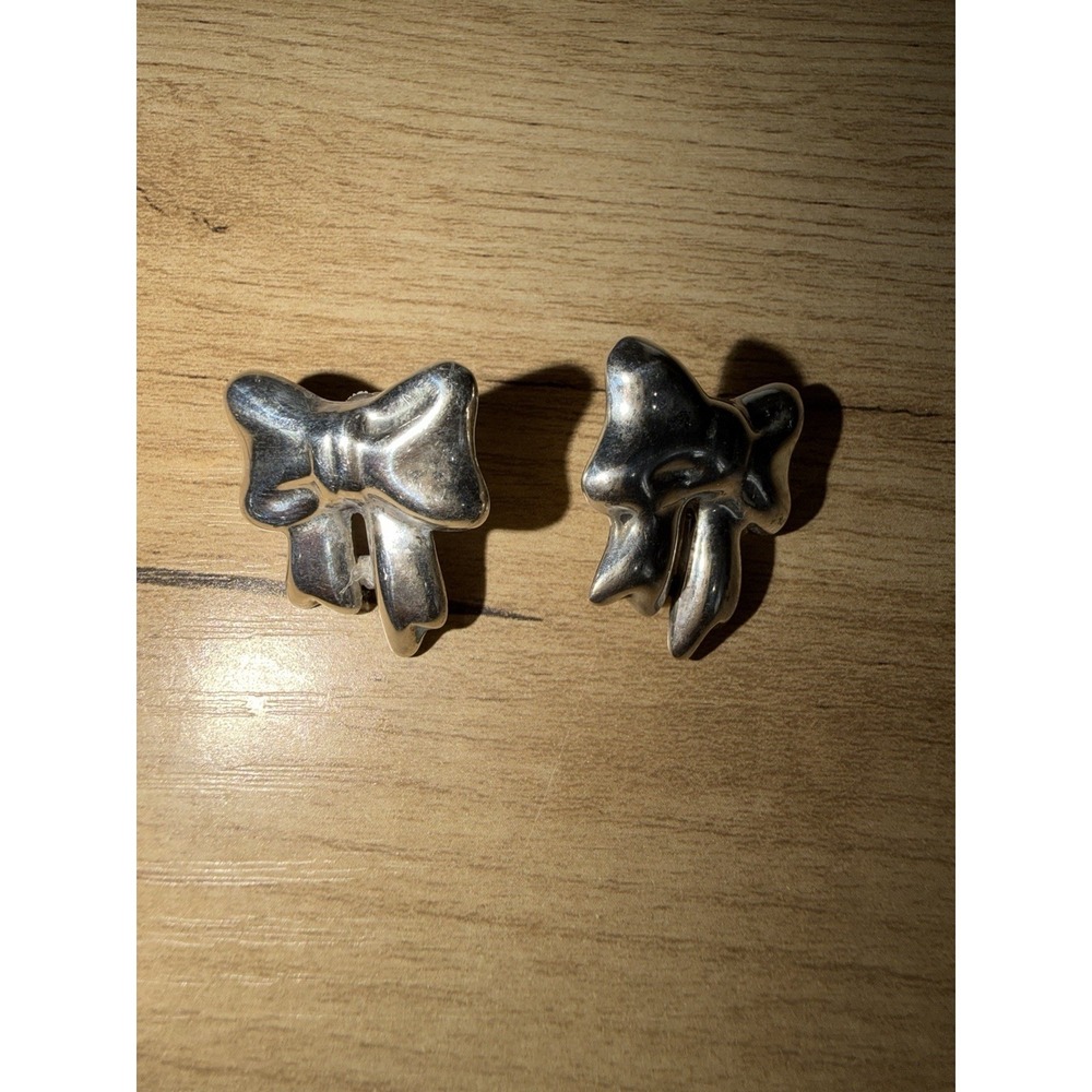 Vintage Taxco‎ Mexico Sterling Silver Large Ribbon Bow Stud Earrings